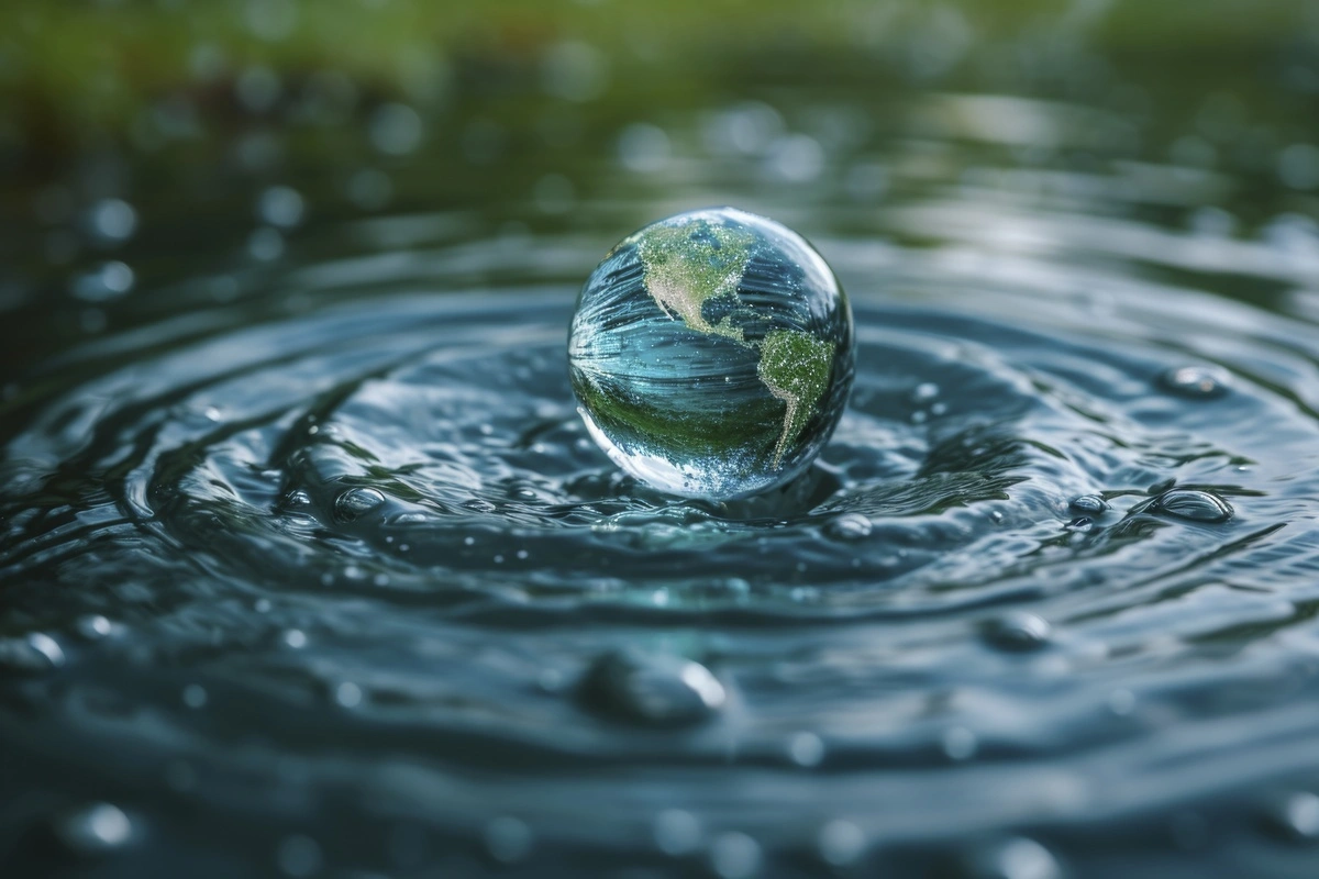 Um globo terrestre feito em água representando um dos pontos importantes que deve ser discutido no evento: a economia azul e a preocupação com os rios e mares.