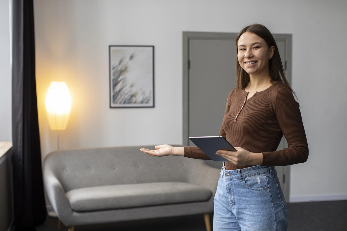 Uma mulher que é anfitrião Airbnb convidando o hóspede a entrar